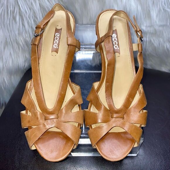 ECCO Womens Slingback Sandals Brown Leather Heel Buckle 6-6.5/37EU - Picture 1 of 10